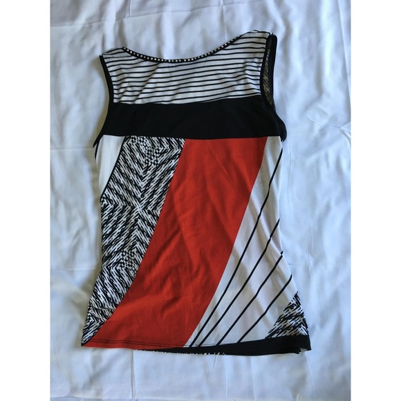 Frank Lyman Shirt Womens 6 Black‎ White Red Geometric Sleeveless Belted Tunic - Picture 5 of 13